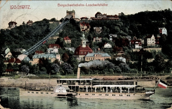 Postcard Dresden Loschwitz, Loschwitzhöhe cable car, Elbe, steamer Karlsbad