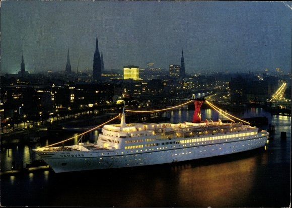 Postcard passenger ship TS Hamburg in the port of Hamburg, night lighting