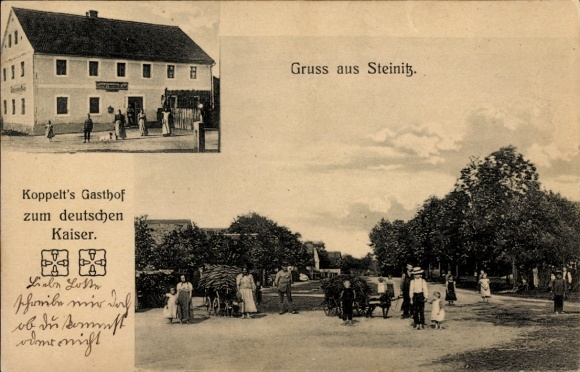 Ak Steinitz Lohsa in der Oberlausitz, Koppelts Gasthof zum deutschen Kaiser, Straßenpartie, Anwohner