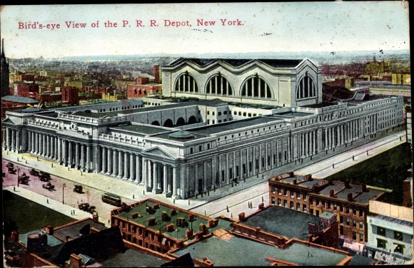 Postcard New York City USA, Birds Eye View of the PRR Depot, Pennsylvania Rail Road Station