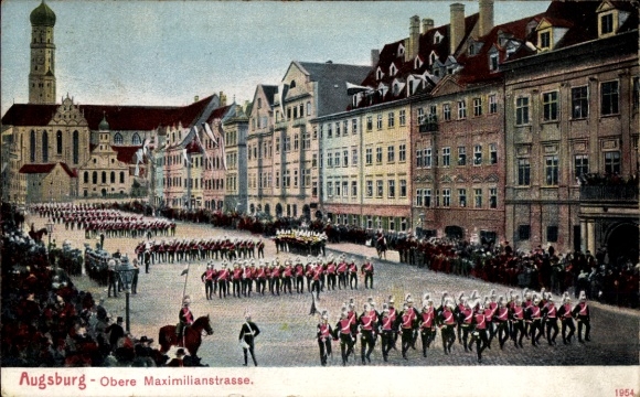 Postcard Augsburg in Swabia, Parade on the birthday of the Prince Regent, Obere Maximilianstraße