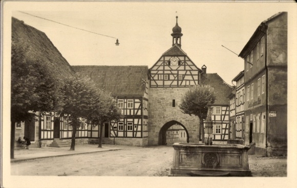 Postcard Bad Liebenstein in the Thuringian Forest, urban architecture, half-timbered houses, gate, fountain,