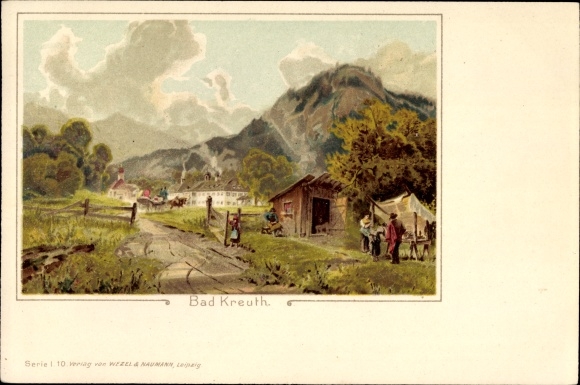 Artist Chromo-Litho Kreuth am Tegernsee Upper Bavaria, view of the village and surroundings