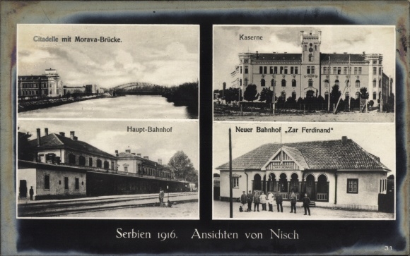 Ak Niš Nisch Servië, Centraal Station, Nieuw Station, Tsaar Ferdinand, Kazerne, Misrava-brug