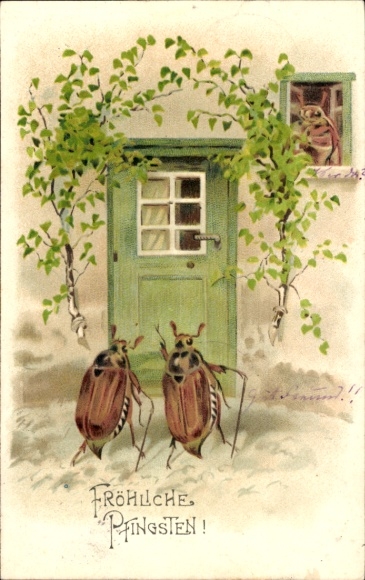 Chromo-Litho Congratulations Pentecost, May beetle on the doorstep