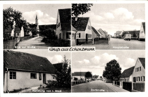 Postcard Echenbrunn Gundelfingen im Breisgau, main street, village street, shop, church