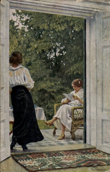Artist Postcard Fischer, P., summer time, woman reading