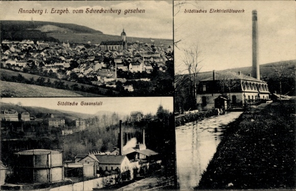 Ak Annaberg Buchholz Erzgebirge, Panorama vom Schreckenberg aus, Elektrizitätswerk, Gasanstalt
