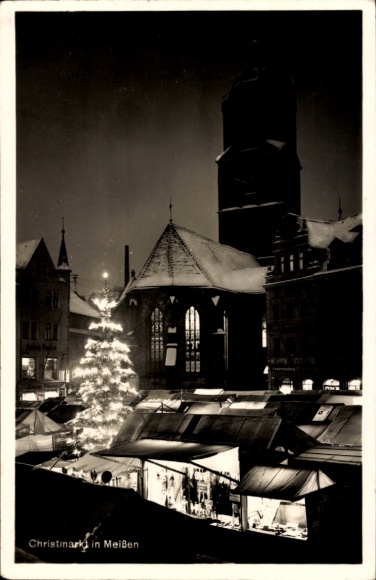 Postcard Meißen in Saxony, Christmas market, Christmas market, night lighting