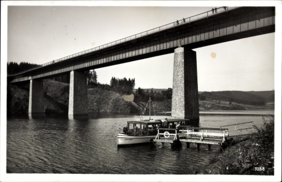 Postcard Saalburg in Thuringia, motorboat, pier, bridge, black and white photo