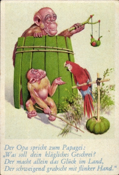 Collector's picture funny pictures No. 74, orangutans and parrot, slingshot