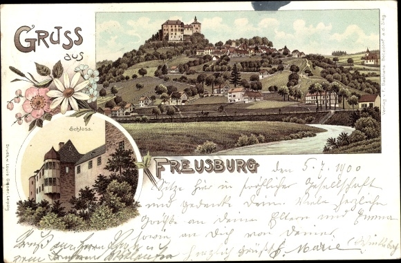 Chromo-Litho Freusburg Churches on the Sieg, general view and castle