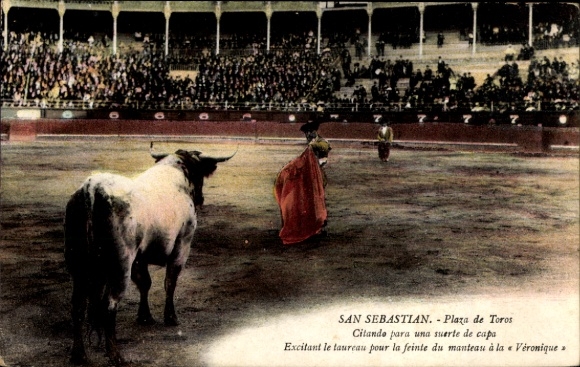 Postcard Donostia San Sebastian Basque Country, bullring, bull and torero, Veronique