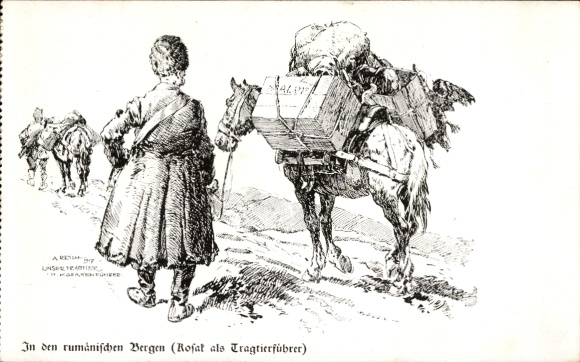Artist Postcard Reich, A., In the Romanian Mountains, Cossack as a Pack Animal Driver