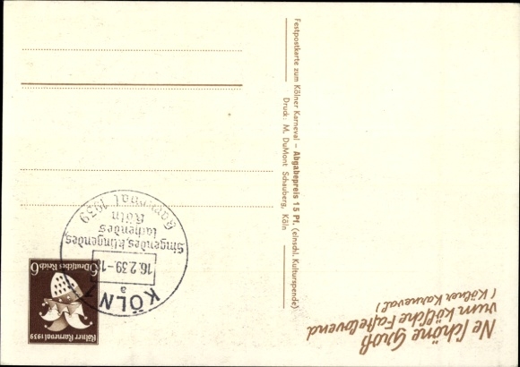 Postal stationery artist PC Cologne on the Rhine, carnival, parade, cathedral