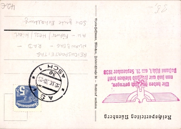 Postcard Reichsparteitag Nürnberg 1938, Zeppelinwiese, Roll Call of the RAD, Hitler in a Mercedes, Hierl, Hess