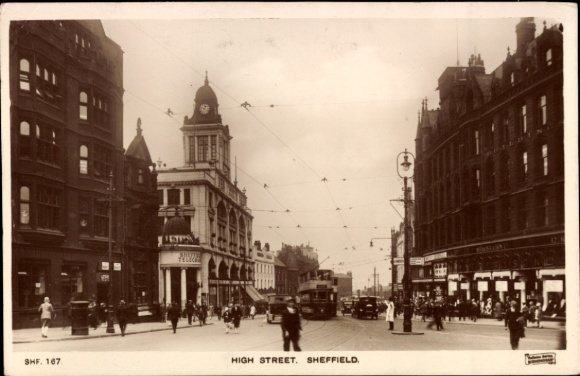 Postcard Sheffield Yorkshire England, High Street in building, tram, people, traffic