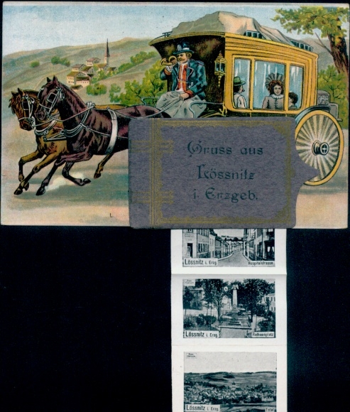 Leporello Postcard Lößnitz Lössnitz in the Ore Mountains, stagecoach, Hospitalstraße, square, monument, long shot
