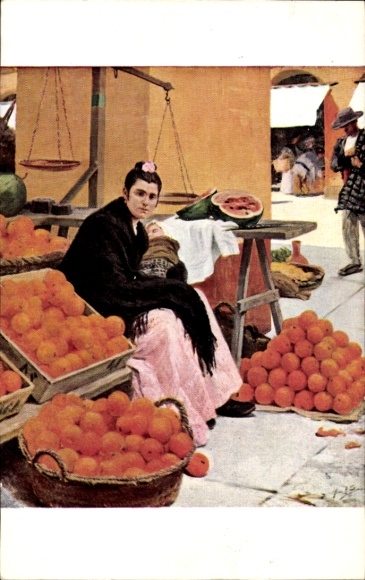 Ak Sevilla Spanien, Frau in Tracht auf dem Markt, Orangen
