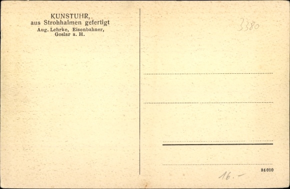 Postcard art clock made of straw, Aug. Lehrke, railwayman from Goslar Harz