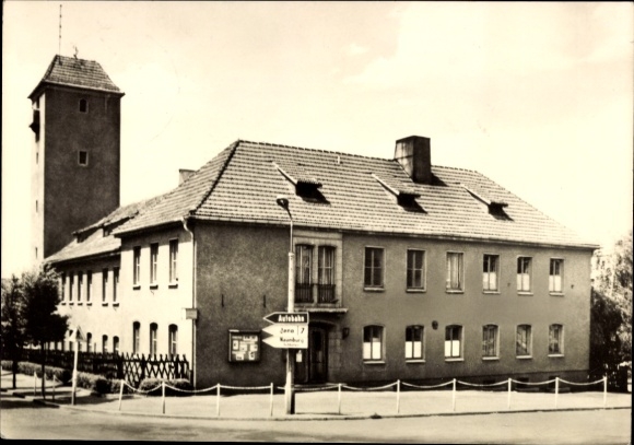Postcard Eisenberg in Thuringia, fire brigade school, tower, street, view