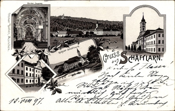 Litho Schäftlarn Opper-Beieren, zicht op het klooster, binnenaanzicht van de kerk, totaalaanzicht, Zieher