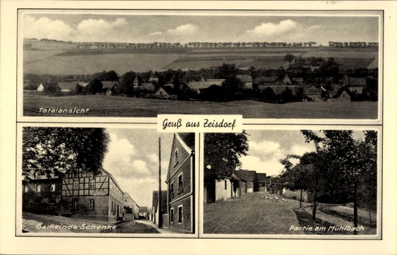 Ak Zeisdorf Kaiserpfalz im Burgenlandkreis, Gesamtansicht, Gemeinde-Schenke, Mühlbach