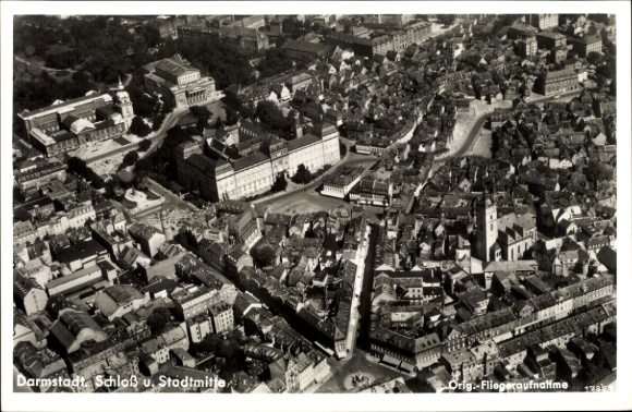 Postcard Darmstadt in Hesse, aerial photograph, castle, city center