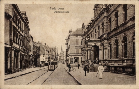 Postcard Paderborn in North Rhine Westphalia, Westernstraße, tram, passers-by