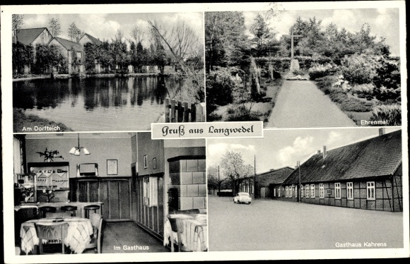 Postcard Langwedel on the Weser, village pond, memorial, inn Kahrens