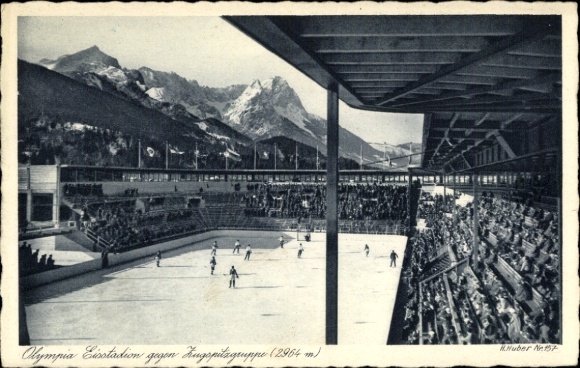 Postcard Garmisch Partenkirchen, Olympic Ice Stadium vs. Zugspitzgruppe, Ice Hockey