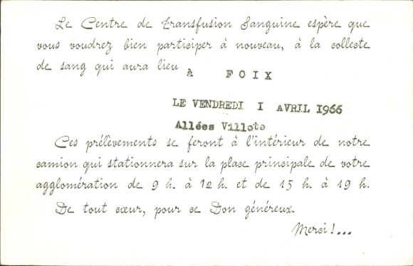 Postcard Toulouse Haute Garonne, Participate in the Don du Sans Regional Blood Transfusion Center