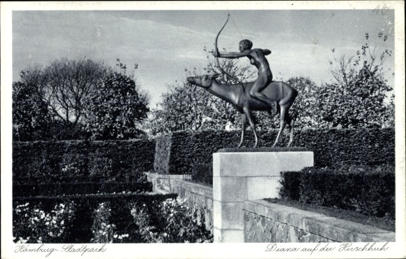 Postcard Hamburg Nord Winterhude, Stadtpark, Diana on a hind, sculpture in the Stadtpark
