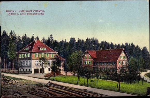 Postcard Althütte in Württemberg, new and old school building