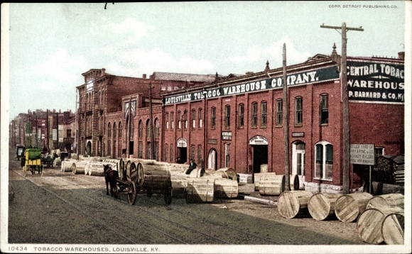 Ansichtkaart Louisville Kentucky USA, tabaksmagazijn
