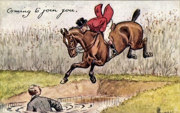 Künstler Ak Springreiten, Hindernis, Mann im Wasser