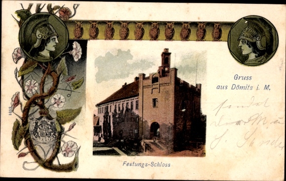 Passepartout Postcard Dömitz on the Elbe Mecklenburg, fortress castle