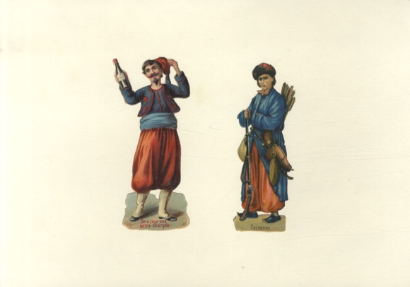 2 wafers of men in traditional clothing, each approx. 12 x 5 cm