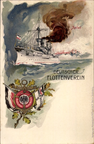 Chromo-Litho German Navy Association, German warship, salute, flags, Imperial Navy