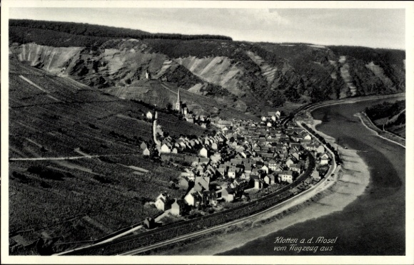 Postcard Klotten on the Moselle, aerial view of Klotten, Moselle, vineyards, river