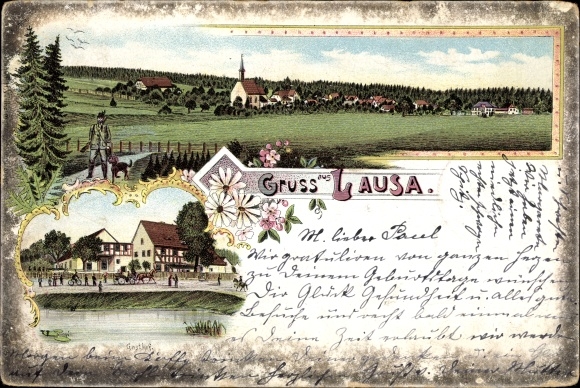 Chromo-Litho Lausa Belgern in Saxony, panorama, church, inn