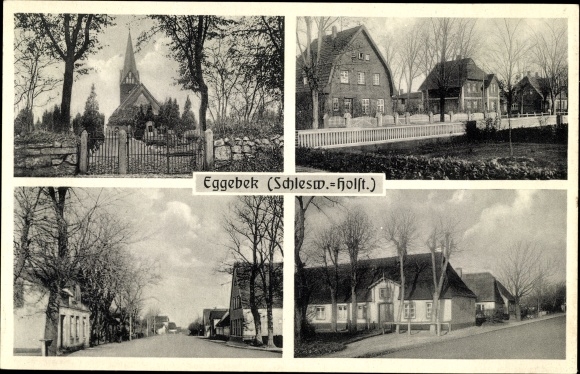 Ak Eggebek Kreis Flensburg, Kirche, Häuser mit Gärten, Straßenansichten