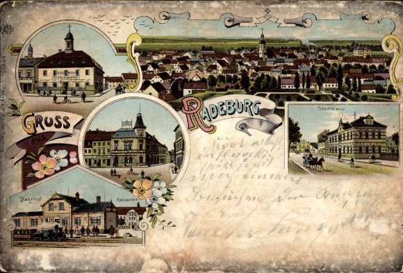 Chromo-Litho Radeburg in Saxony, town hall, train station, restaurant, panorama