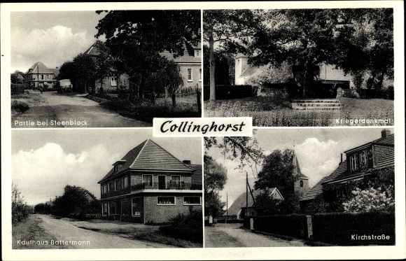 Ak Collinghorst Rhauderfehn in Ostfriesland, Kaufhaus Battermann, Kirchstraße, Steenblock, Denkmal