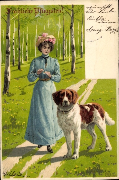 Artist Chromo-Litho Mailick, Happy Pentecost, St. Bernard, Woman in Blue Dress