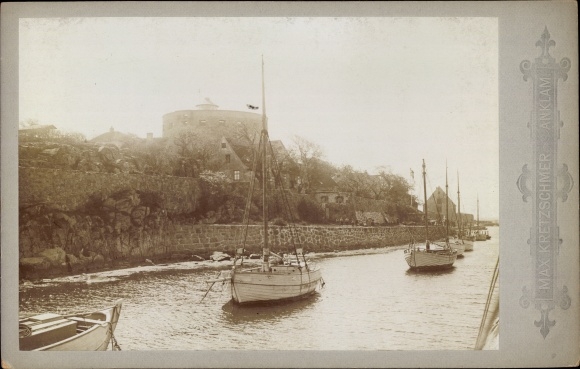 Cabinet photo Christiansø Denmark, sailing boats, town view, 1896