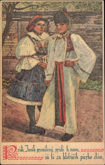 Artist PC Plesniveho, V., Loving couple in Slovak costume