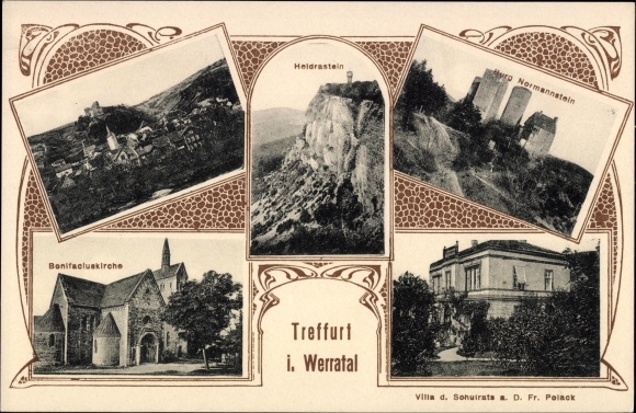 Postcard Treffurt an der Werra, Normannstein Castle, Villa Schulrat a. D. Fr. Polack, Heldrastein, Church