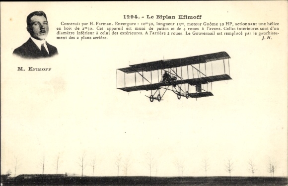 Postcard civil aircraft, biplane Efimoff, aviation pioneer