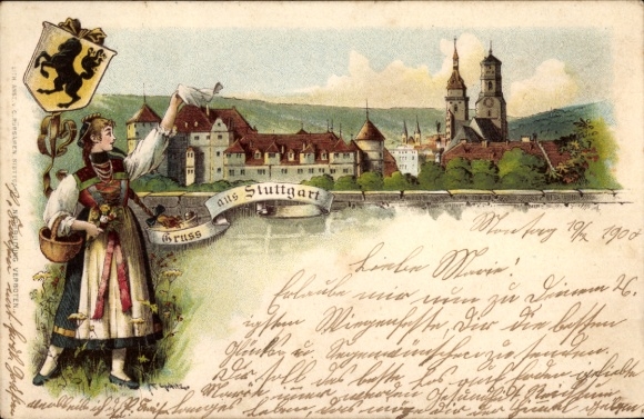 Litho Stuttgart in Württemberg, Stadtansicht, Frau in Tracht, Wappen